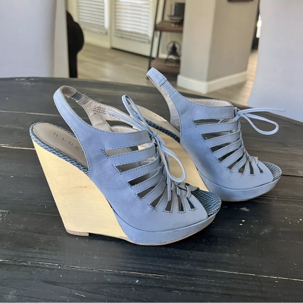 Hinge 7 Lt Blue suede wood platform strappy high heel sandals open toe lace up